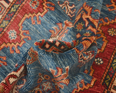 13 Feet Blue Red Kazak Afghan Hand Knotted Wool Runner Rug